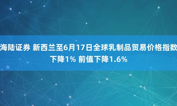 海陆证券 新西兰至6月17日全球乳制品贸易价格指数下降1% 前值下降1.6%
